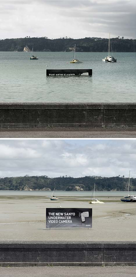 三洋電機（水中ビデオカメラ）の屋外広告。オークランド港に設置された看板は、潮の満ち引きによって姿を現し、水に強いとする商品性能をアピールしたようです。＜ニュージーランド＞