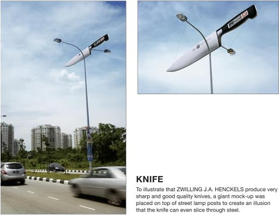 ナイフメーカー（Henckel Knive）の屋外広告。街路灯が見事に真っ二つ、優れた切れ味を見事に表現しています。＜マレーシア＞