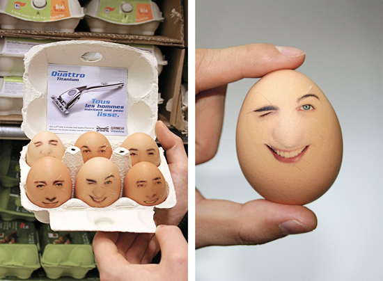 男性用シェーバー（Wilkinson Quattro Titanium）のキャンペーン。男性の顔のシールが貼られた卵は、剃り味を強調するため実際に販売されたようです。＜ドイツ＞