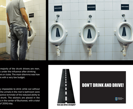 飲酒運転防止を呼び掛ける交通警察のステッカー広告。パブやバーのトイレで展開され、アルコールの影響を低予算でPR。＜ルーマニア＞