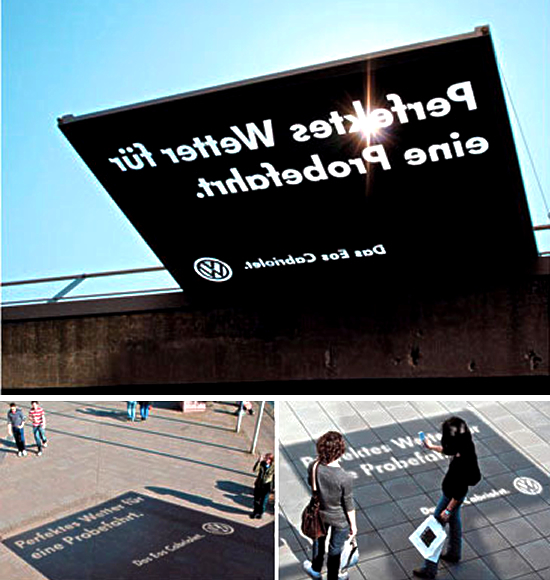 フォルクスワーゲンの太陽光を利用した屋外広告。晴れた日にだけ「EOSコンバーチブル」の試乗を促進する広告は現れます。ナイスですね。＜ドイツ＞