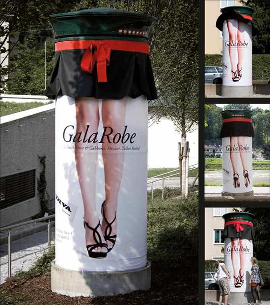 ファッションブランド（makole）の屋外広告。柱を黒いミニスカートに見立て、セクシーな女性を演出しています。＜オーストリア＞