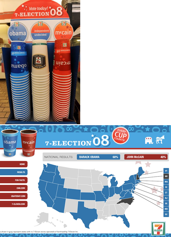 米国大統領選挙（2008年）に便乗したコンビニのアイデア。候補（当時）のコーヒーカップの消費数を支持率として集計したそうです。＜米国＞