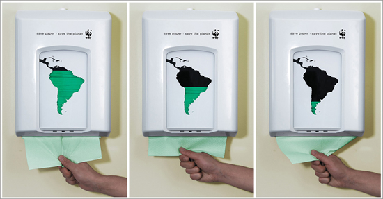 世界自然保護基金（WWF）のキャンペーン広告。紙の節約が南米の森林を守ることに通ずるという事を啓発しているようです。＜デンマーク＞