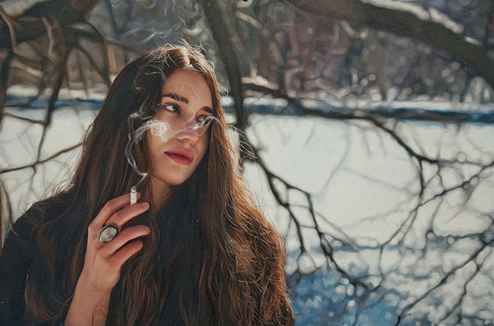 Untitled; Lizzie Smoking, oil on paper mounted on wood, 12 x 18 in, 2011
