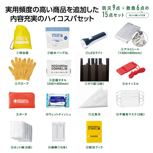 ノベルティ：[非常持出しセット] モシモニソナエル 防災15点セット