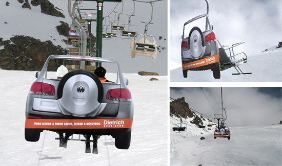 カーディーラー（dietrich）の屋外広告。スキーリフトで展開されたキャンペーンでフォルクスワーゲン・トゥアレグの4WD性能をPR。＜アルゼンチン＞