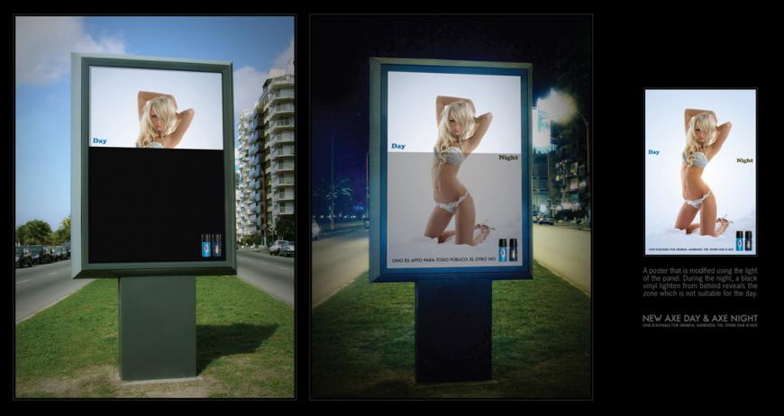 男性用制汗スプレーの屋外広告。「爽やかな昼用」と「妖艶な夜用」、タイプの違う2つの新製品を上手く表現しています。＜ウルグアイ＞