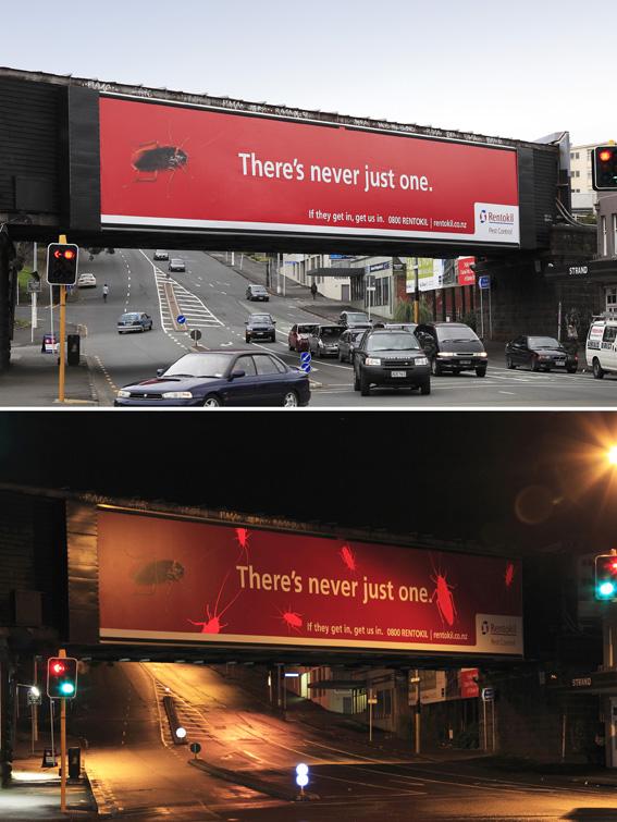 レントキル（害虫駆除などの環境サービス）の屋外広告。「1匹だけではないですよ！」のメッセージの通り、クルマのライトで照らされると、特殊なインクで描かれた大量の害虫が浮かび上がるようです。＜ニュージーランド＞