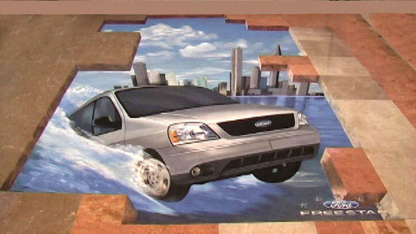 自動車＜フォード＞の3Dストリートアート。メキシコで展開されたキャンペーン、3×6メートルの大きさの絵画だそうです。
