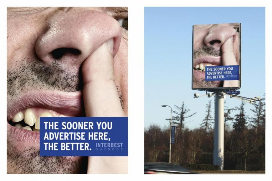 広告主を募集する屋外広告。「早く！この写真より良い広告を」、説得力のあるアプローチですが。。。＜オランダ＞