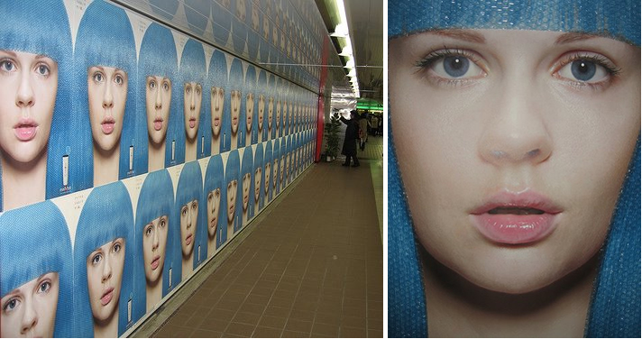 整髪料（モッズヘア）の屋外広告。新宿駅構内で2005年頃に展開されたキャンペーン。プチプチで作られたモデルの青い髪の毛が、当時とても話題になったそうです。＜日本＞