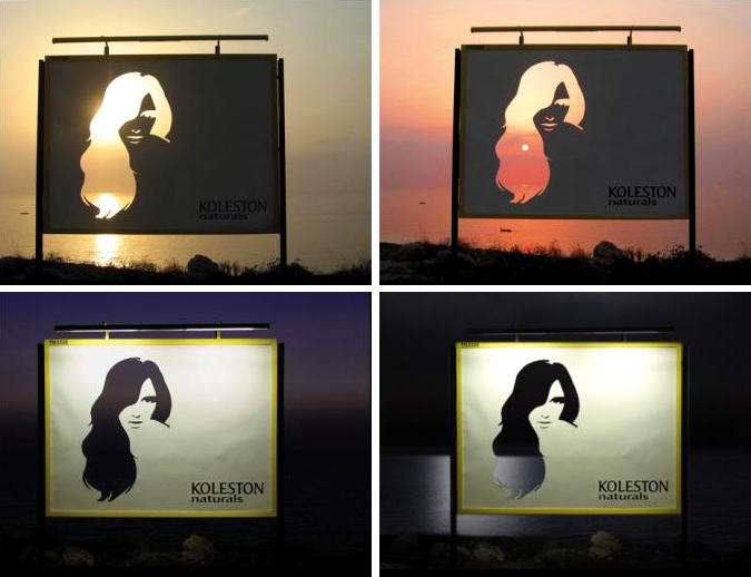 ヘアカラー（Koleston）の屋外広告。ダイカットされた女性のシルエットが、ライトアップや太陽光の具合で様々な印象に変化します。＜レバノン＞