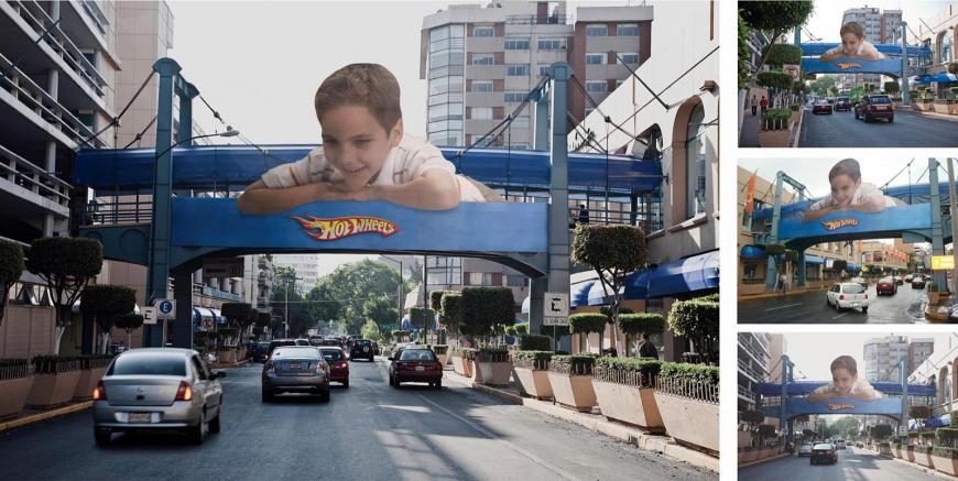 男の子用のおもちゃ（ホットウィール）の屋外広告。建物の連絡用通路と実際に走っている自動車を玩具に見立てているようです。＜メキシコ＞
