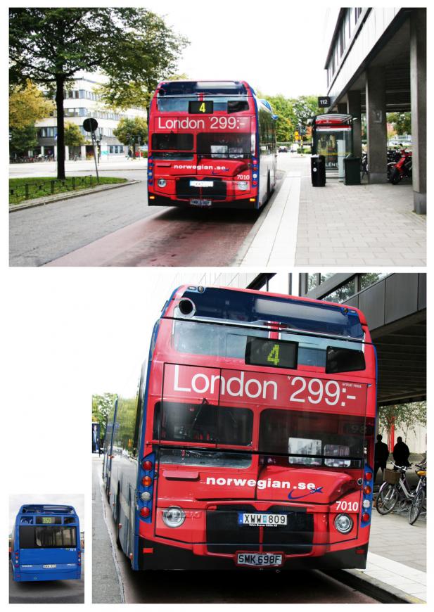 ノルウェー航空のラッピング広告。ロンドンバス（クラシックダブルデッカー）を模した後部ステッカーで、左側走行のイギリス観光をPRしています。＜ノルウェー＞