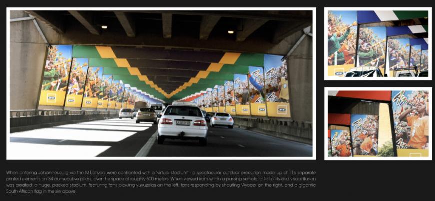 2010年FIFAワールドカップの屋外広告。高速道路の橋脚に描かれたのは、ワールドカップスタジアム。こうやって盛り上げていったんでしょうね。＜南アフリカ＞