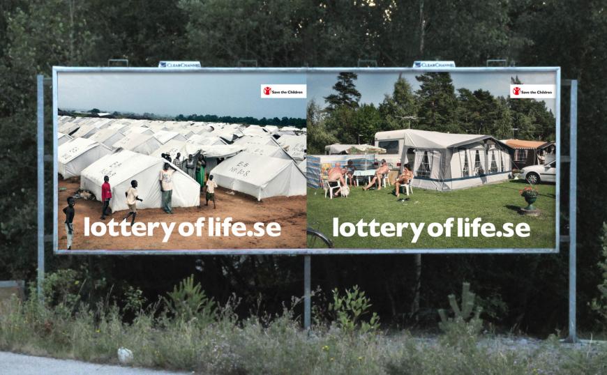レッダ・バーネン協会の屋外公共広告。紛争地域のダルフールと優雅なスウェーデンを並べて配置し、セーブ・ザ・チルドレンの活動を啓蒙しています。＜スウェーデン＞