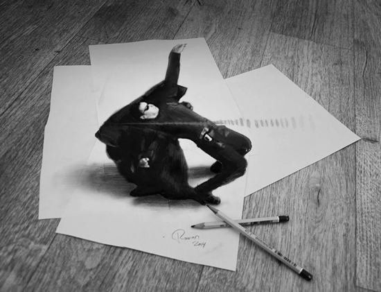 This is a black and white photograph of a drawing of Neo from The Matrix. 