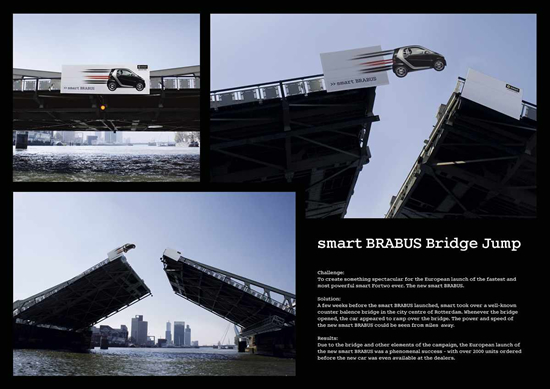小型自動車（スマート）の屋外広告。可動式の橋を華麗にジャンプ！印象に残る素晴らしい広告です。＜ドイツ＞