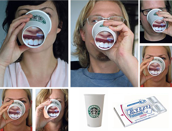 口腔ケア剤（Extra Professional）のキャンペーン。コーヒーショップで展開された広告、憧れの白く美しい歯がプリントされています（笑）。＜オーストラリア＞