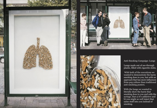 アンチスモーキングキャンペーンを推進する公共団体（Public Health England）の屋外広告。吸い殻で形成された肺、怖いですね。＜イギリス＞