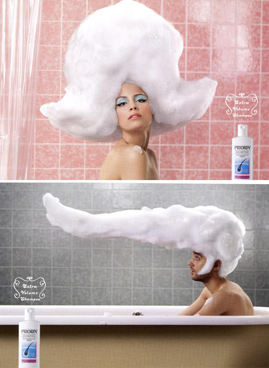 シャンプー（Priorin shampoo）の販促用ポスター。ボリューム感がアップするシャンプーの商品特製が巧く表現されています。＜ドイツ＞