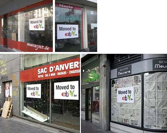 ネットオークション（eBay）の屋外広告。「イーベイに移動した」は、閉店した空テナントを活用したキャンペーンです。＜ベルギー＞