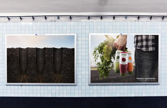 野菜ジュース（BRAMHULTS）の屋外広告。地下鉄の構内の広告看板、採れたてで新鮮であることが巧くアピールされています。＜スウェーデン＞