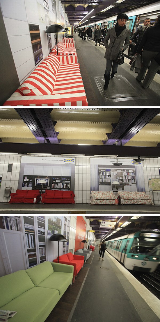 家具会社（イケア）の屋外広告。パリの地下鉄オペラ駅構内で展開されたキャンペーン、まるで店内のようです。＜フランス＞