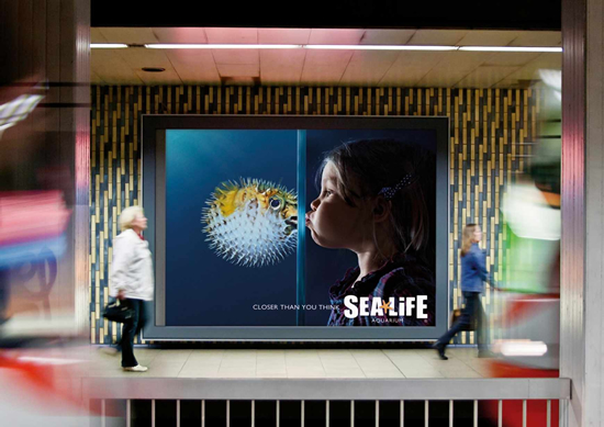 水族館（Sea Life Aquarium）の屋外広告。「あなたが思うよりも近いです。」とフグとの距離から、場所の利便性を伝えています。＜ドイツ＞