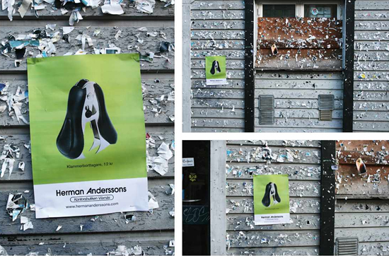 ステープルリムーバ（Herman Andersson）の屋外広告。ホッチキスだらけの壁に貼られた針外しツールの販促ポスター。効率が良いです。＜スウェーデン＞