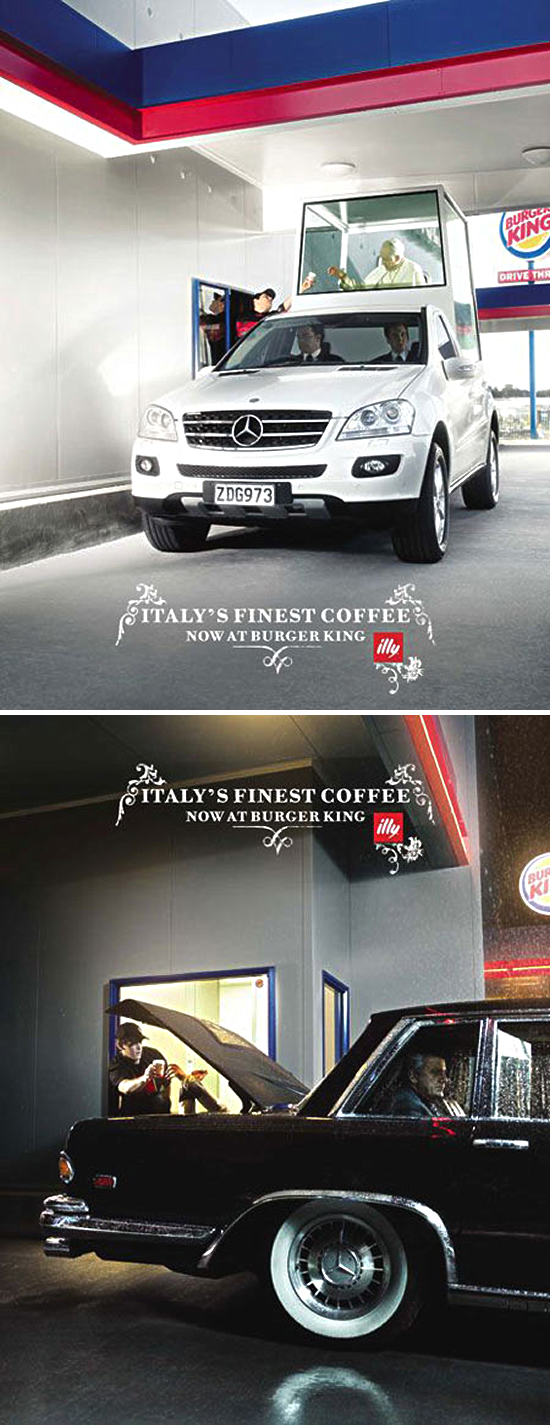 バーガーキング（Italian Coffee）の販促ポスター。イタリアを連想させるマフィアもカトリック教皇も、誰でも気軽に利用できるようです。＜イタリア＞