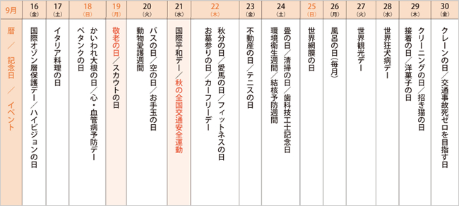 来月の記念日を調べてみました<2016年9月後半>
